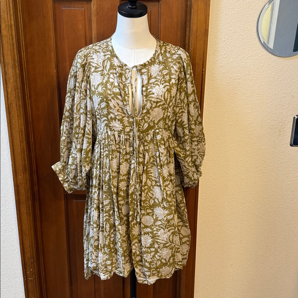 Daughters of India Olive Green and White Floral Tunic Dress